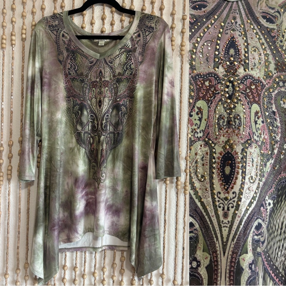 ONEWORLD Y2K Fairy Burnout Green Purple Paisley Boho Grunge Asymmetrical Blouse